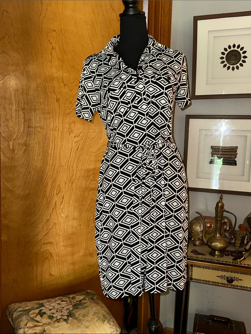 Black & White Geometric Shirt Dress with Tie Waist